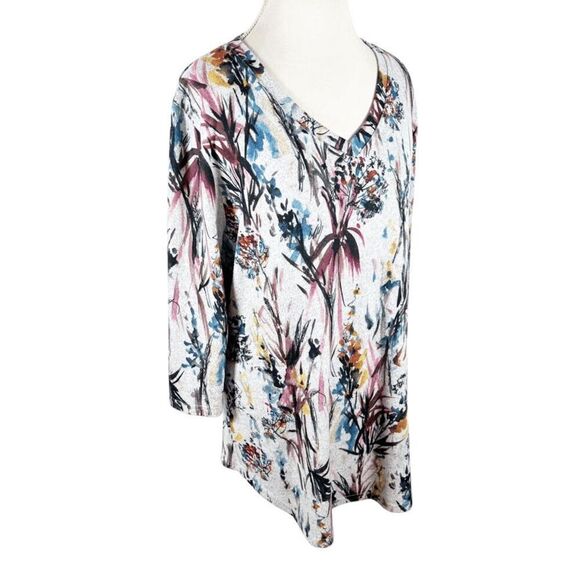 Shana V-Neck Tunic Brush Knit Shirt Floral Bouquet Print Boho Artsy Size XXL - Picture 4 of 10